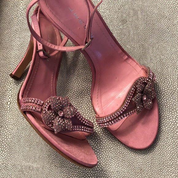 LERRE Handmade in Italy Pink Silk 3.5” heel Rhinestone Flower Size 37 Sandals - Picture 3 of 12